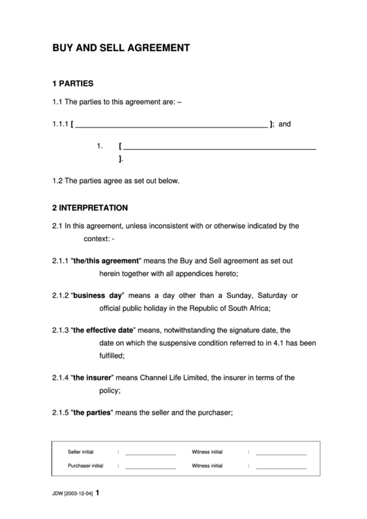 Buy And Sell Agreement Printable pdf