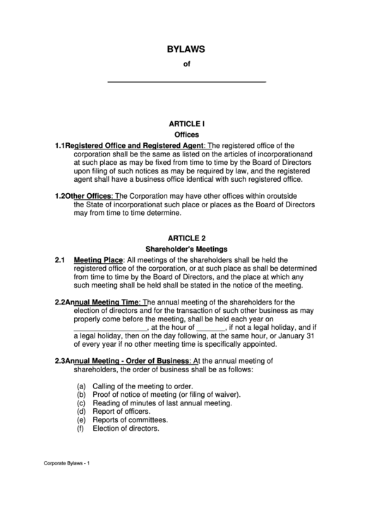 Corporate Bylaws Template Printable pdf