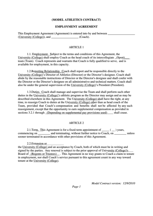 Model Athletics Contract Employment Agreement Template Printable pdf