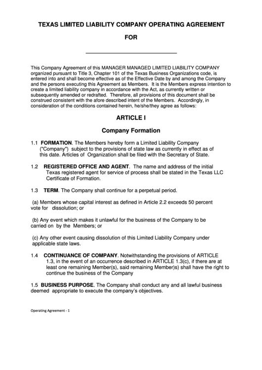 Texas Limited Liability Company Operating Agreement Printable pdf