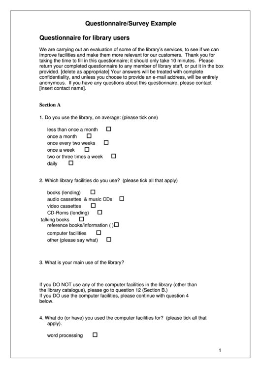 Questionnaire/survey Example For Library Users