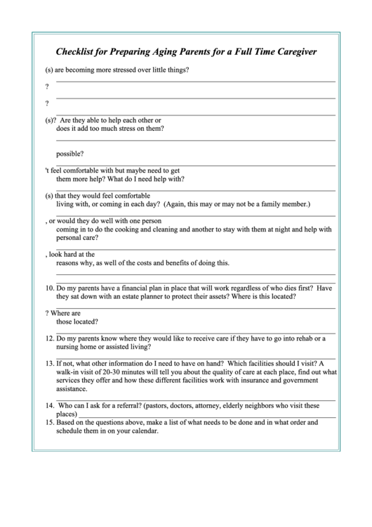 Checklist For Preparing Aging Parents For A Full Time Caregiver Printable pdf