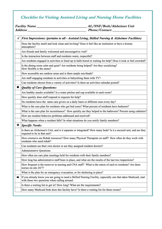 Checklist For Visiting Assisted Living And Nursing Home Facilities Printable pdf