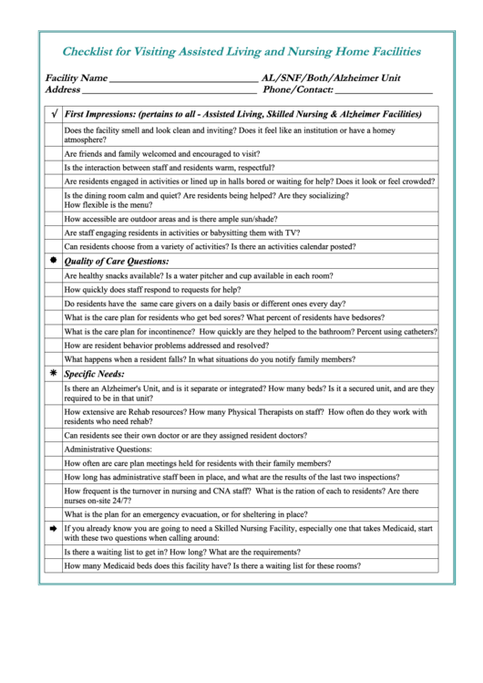 Checklist For Visiting Assisted Living And Nursing Home Facilities