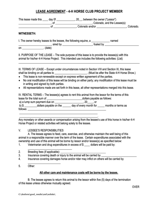 4-H Horse Club Project Member Lease Agreement Template Printable pdf