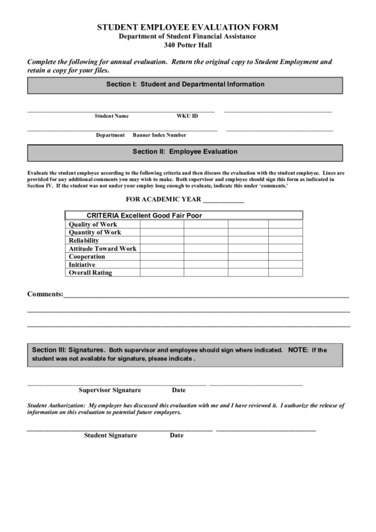 Student Employee Evaluation Form Printable pdf