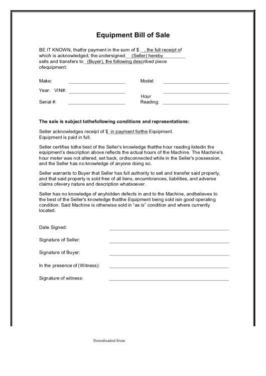 Equipment Bill Of Sale Form Printable pdf