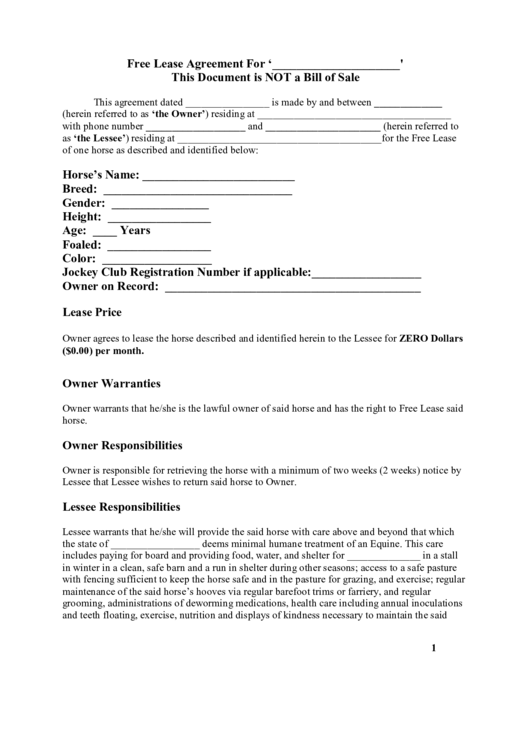 Lease Agreement For One Horse Printable pdf
