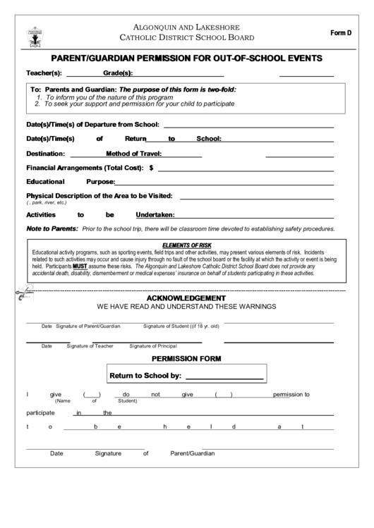 Algonquin And Lakeshore Catholic District School Board Parent Or Guardian Permission For Out Of School Events Form Printable pdf