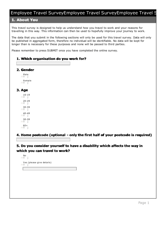 Fillable Employee Travel Survey Template Printable pdf