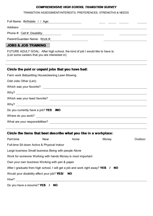 Comprehensive High School Transition Survey Printable Pdf Download