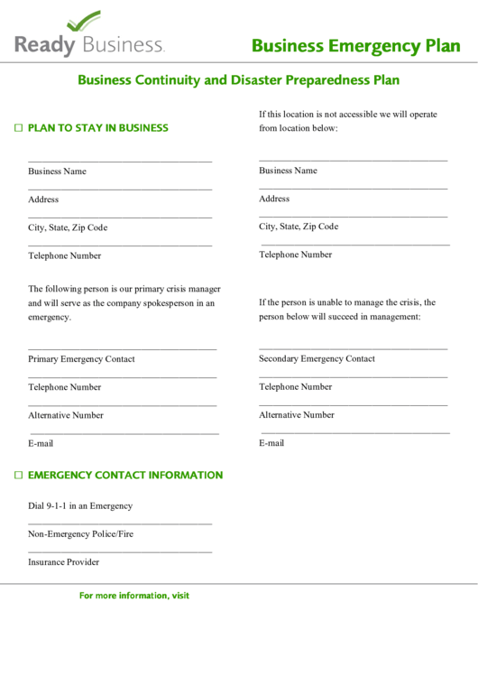 Fillable Business Emergency Plan Template Printable pdf