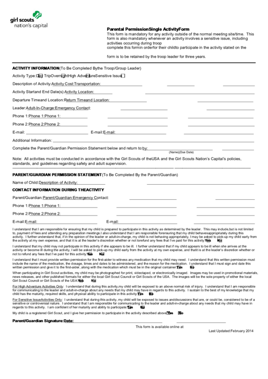 Fillable Parental Permission Single Activity Form Printable pdf