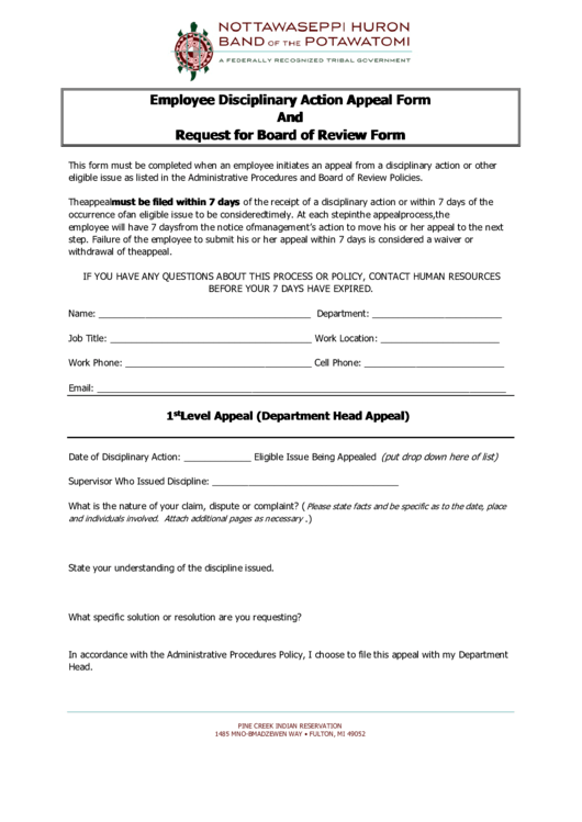 Fillable Employee Disciplinary Action Appeal Form And Request For Board Of Review Form Printable pdf