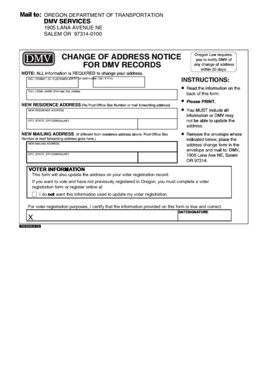 Fillable Change Of Address Notice For Dmv Records - 735-6438 Printable pdf