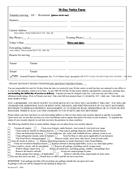 30-Day Notice Form Printable pdf