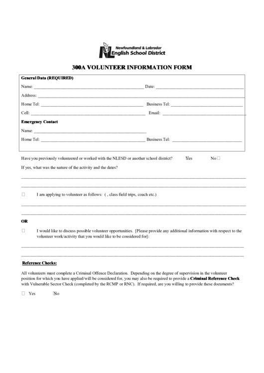 Fillable 300a Volunteer Information Form Printable pdf