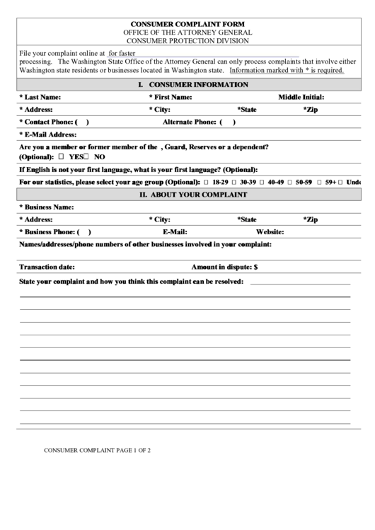 Consumer Complaint Form Office Of The Attorney General Consumer Protection Division Printable pdf