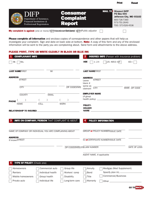 Fillable Consumer Complaint Report Printable pdf