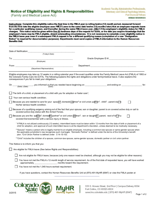 Fillable Notice Of Eligibility And Rights & Responsibilities (Family And Medical Leave Act) - Colorado State University Printable pdf