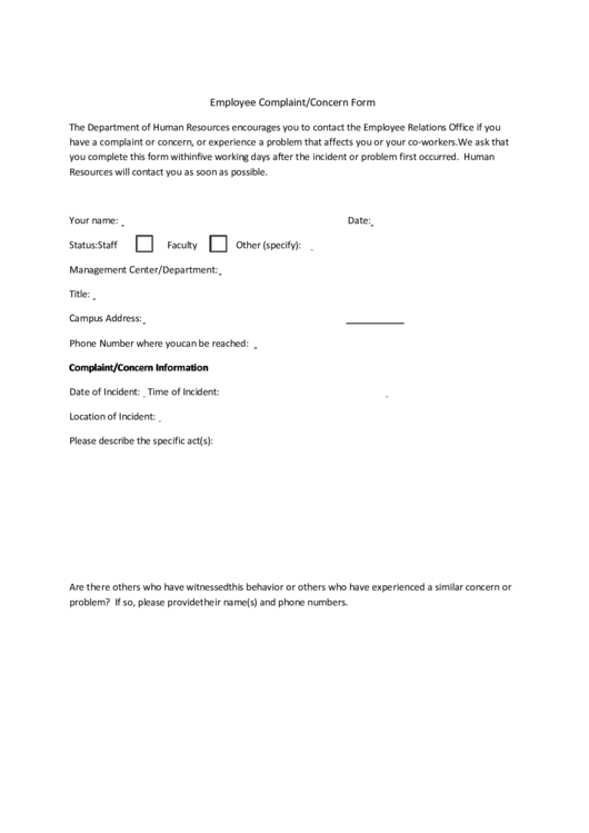 Fillable Employee Complaint/concern Form Printable pdf