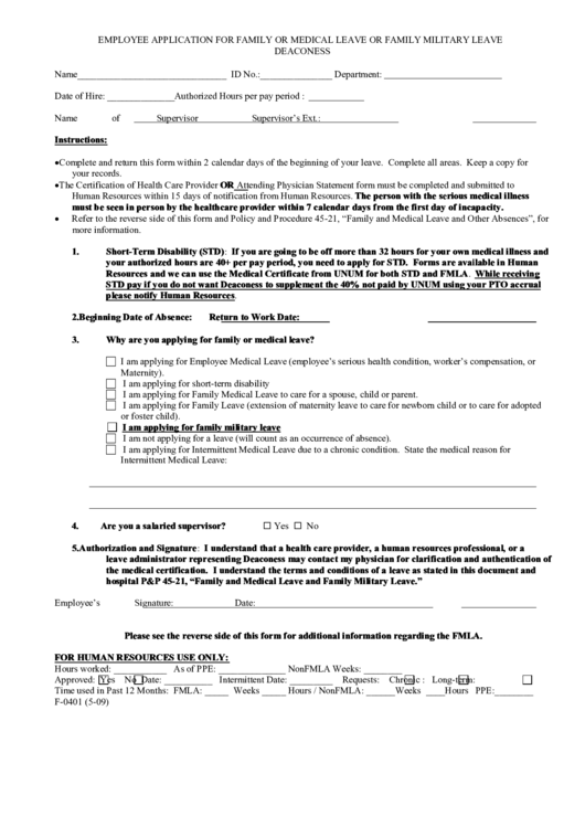 Employee Application For Family Or Medical Leave Or Family Military Leave - Deaconess Printable pdf