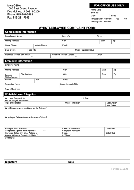 Fillable Whistleblower Complaint Form printable pdf download