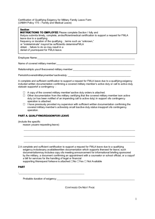 Certification Of Qualifying Exigency For Military Family Leave Form Printable pdf