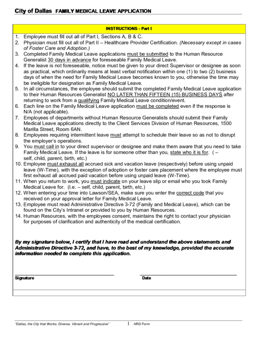 City Of Dallas Family Medical Leave Application Form Printable pdf