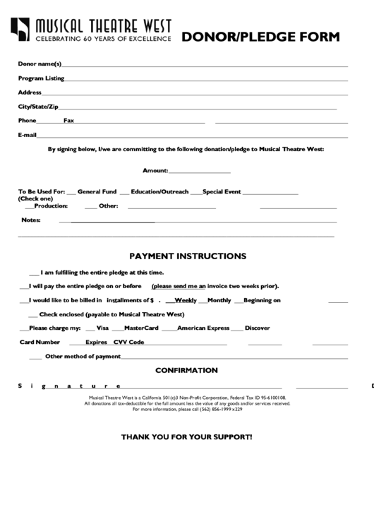 Musical Theatre West Donor/pledge Form Printable pdf