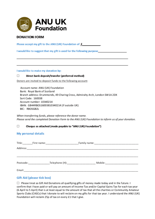 Anu Uk Donation Form Printable pdf