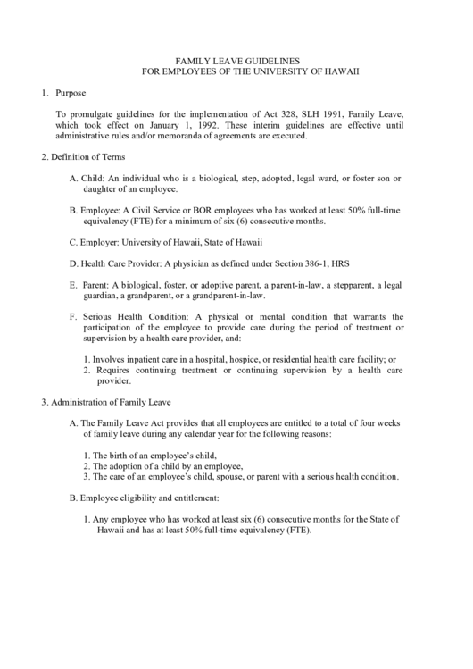Fillable Family Leave Guidelines For Employees Of The University Of Hawaii Printable pdf