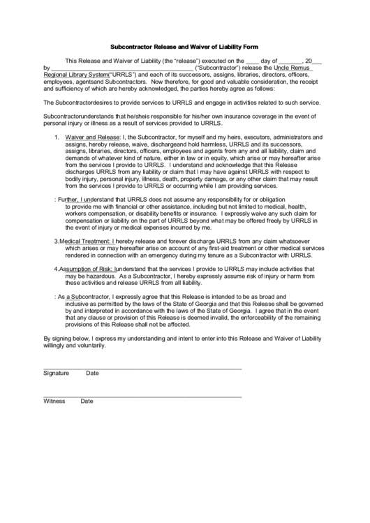 Subcontractor Release And Waiver Of Liability Form Printable pdf