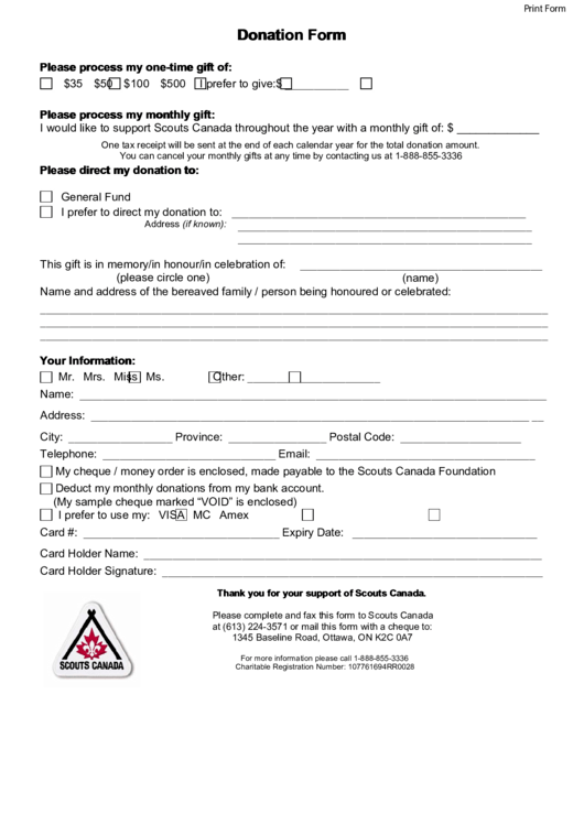 Fillable Donation Form - Scouts Canada Printable pdf