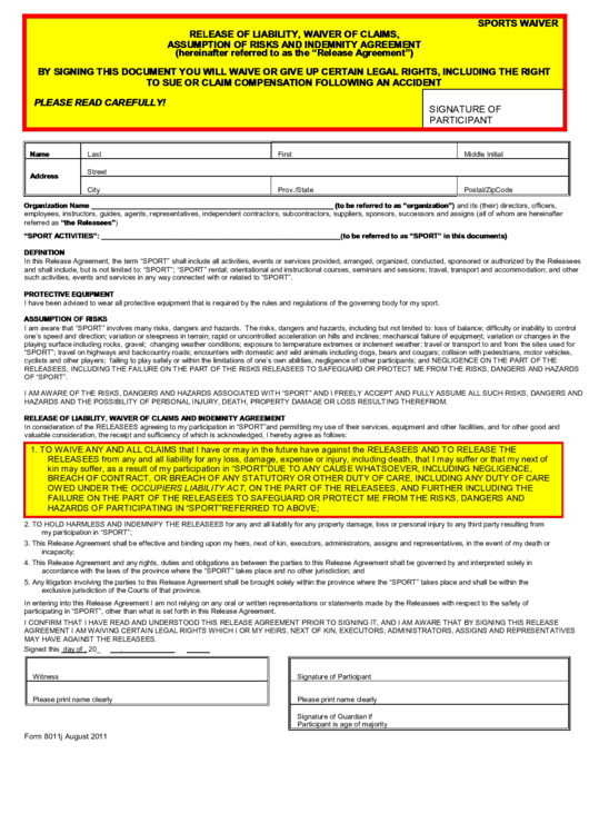 Release Of Liability, Waiver Of Claims, Assumption Of Risks And Indemnity Agreement Template - Sports Waiver Printable pdf