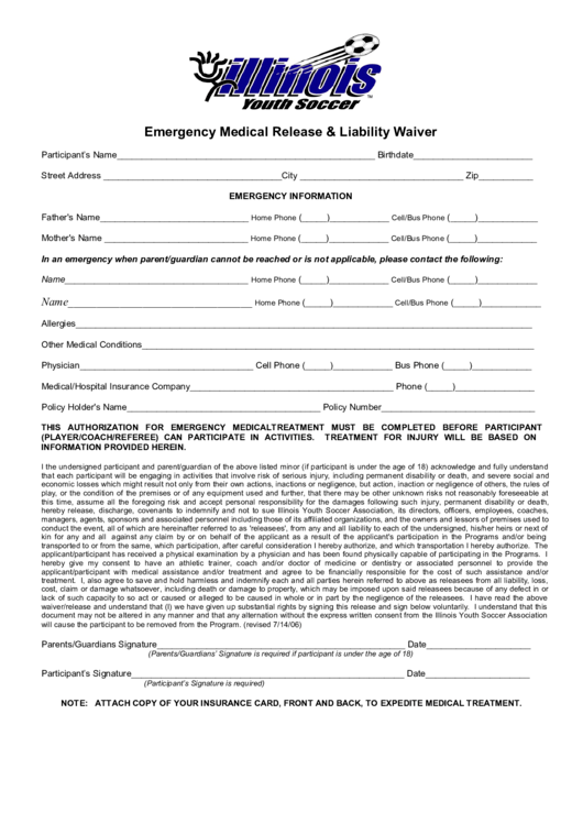 Emergency Medical Release & Liability Waiver Printable pdf
