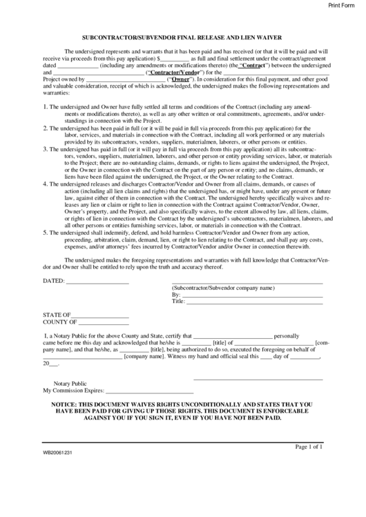 Subcontractor/subvendor Final Release And Lien Waiver Form