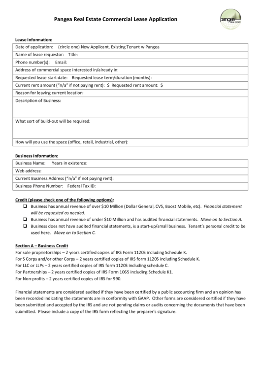 Pangea Real Estate Commercial Lease Application Printable pdf
