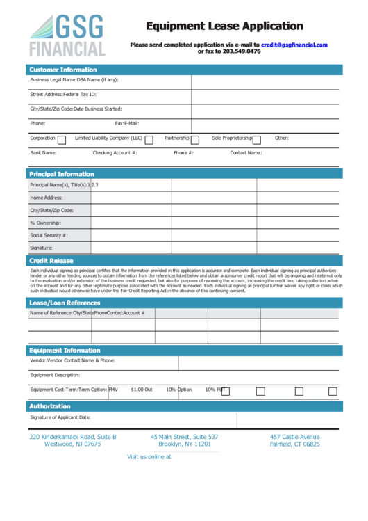 Fillable Equipment Lease Application Printable pdf