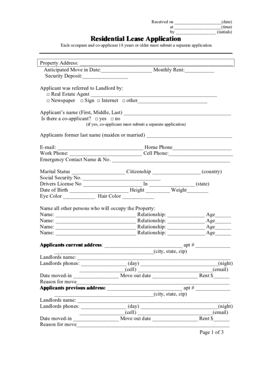 Residential Lease Application Printable pdf
