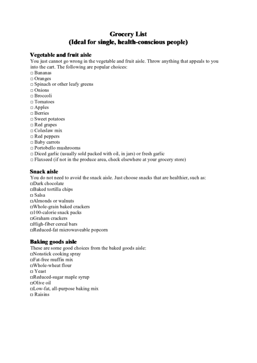 Grocery List Template (For Single, Health-Conscious People) Printable pdf