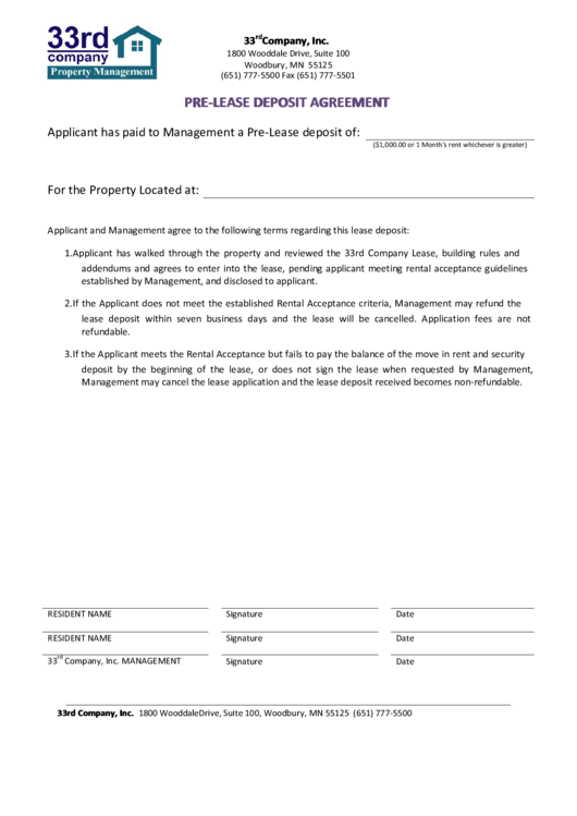 Pre-Lease Deposit Agreement Printable pdf