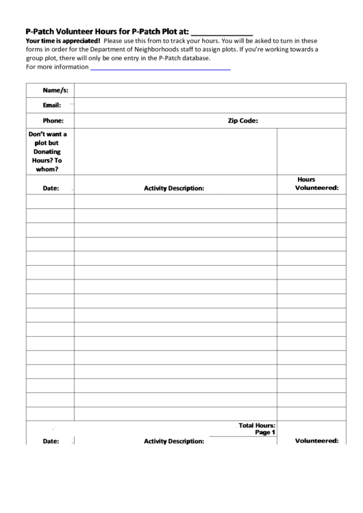 P-Patch Volunteer Hours Log Printable pdf