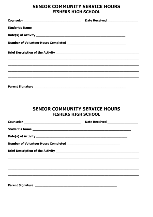 Senior Community Service Hours Fishers High School Printable pdf