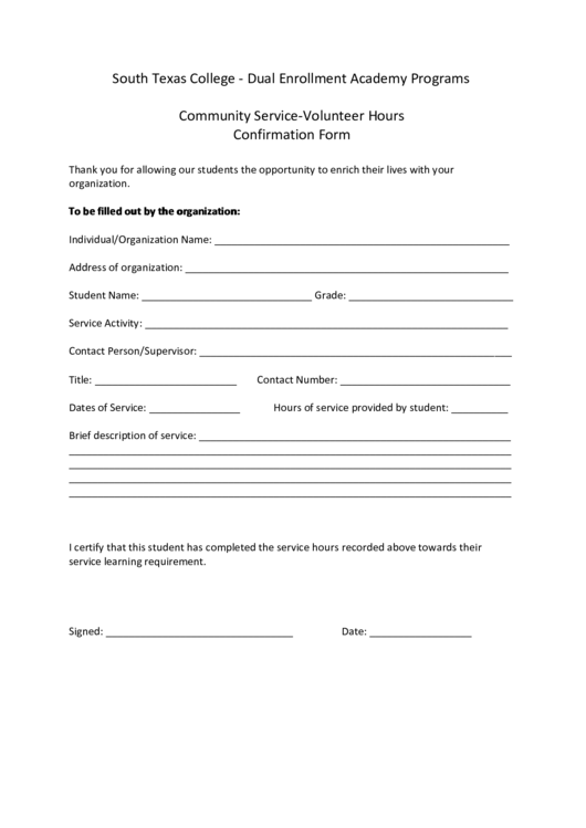 Community Service-Volunteer Hours Confirmation Form Printable pdf