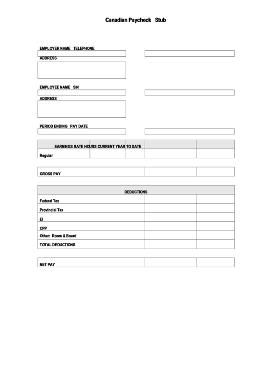 Fillable Canadian Paycheck Stub Form Printable pdf
