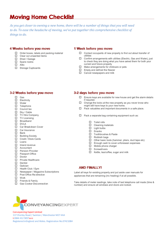 Moving Home Checklist Printable pdf