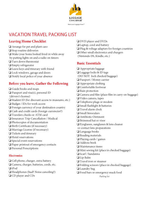 Vacation Travel Packing List Printable pdf