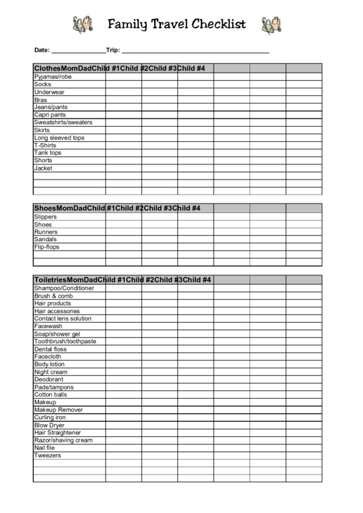 Family Travel Checklist Printable pdf