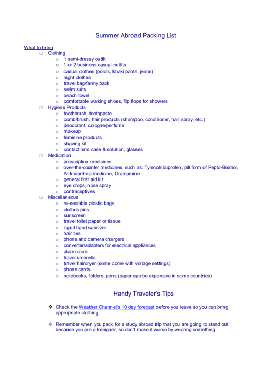 Summer Abroad Packing List Printable pdf